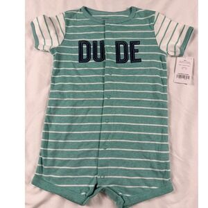 Carters Baby Boy 18M Green White Striped Dude Snap Up Romper NWT‎